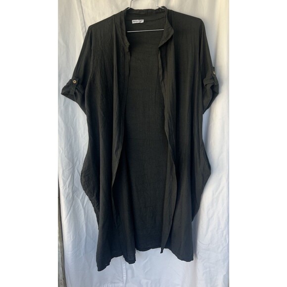 Meo Meli Linen Duster Cardigan Dark Grey Button Tab Sleeve Lagenlook Flow Italy - Picture 1 of 8